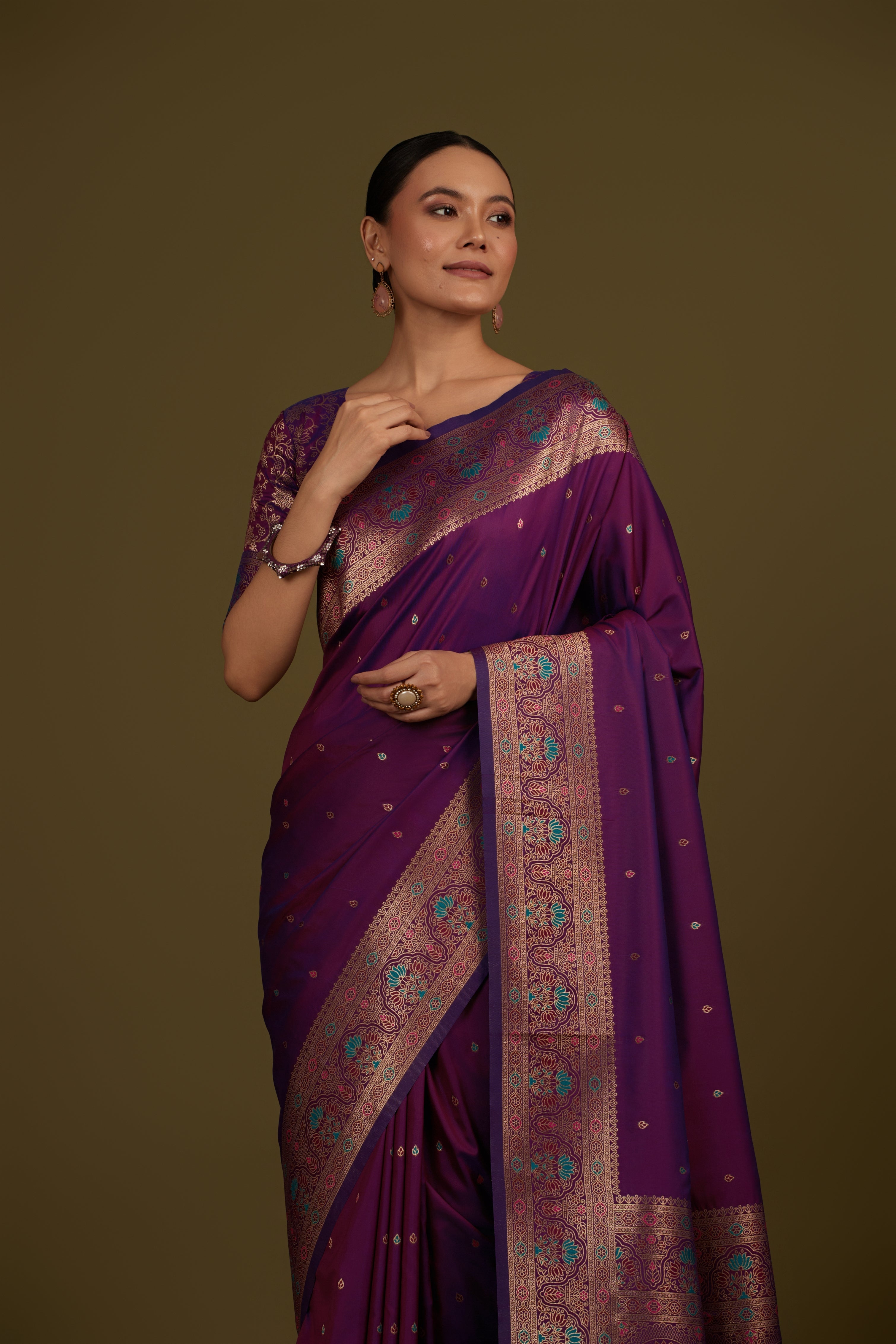 Cyan Banarasi Silk Blend Brocade Motifs Zari Woven Saree