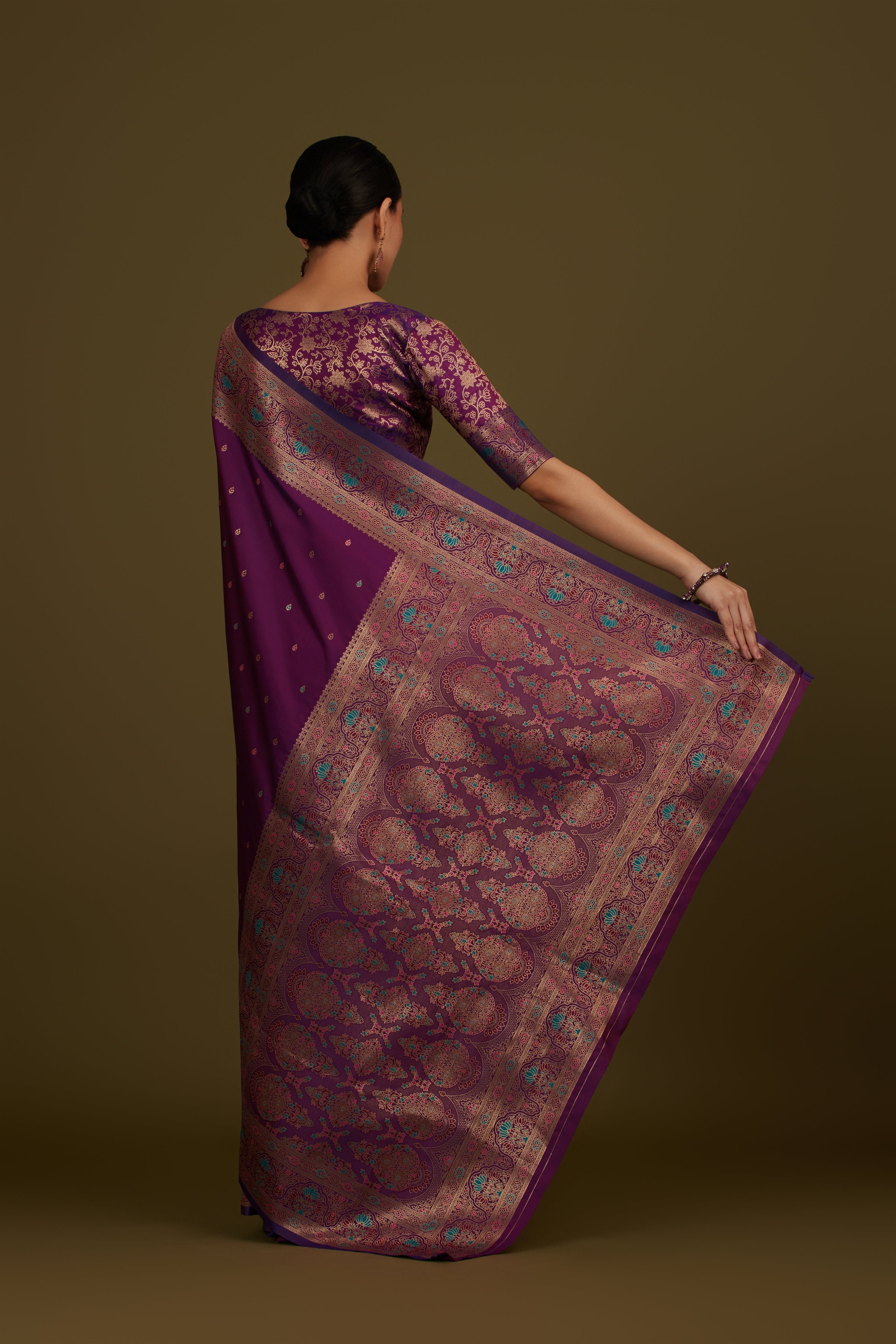 Cyan Banarasi Silk Blend Brocade Motifs Zari Woven Saree