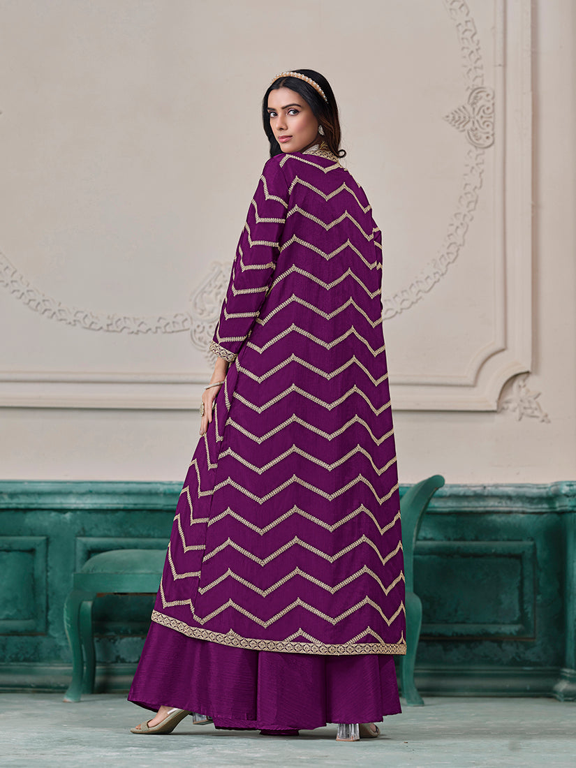 Purple Chinon Embroidered Zari Readymade Salwar Kameez