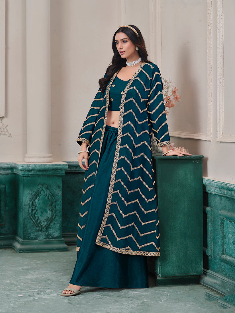 Teal Chinon Embroidered Zari Readymade Salwar Kameez