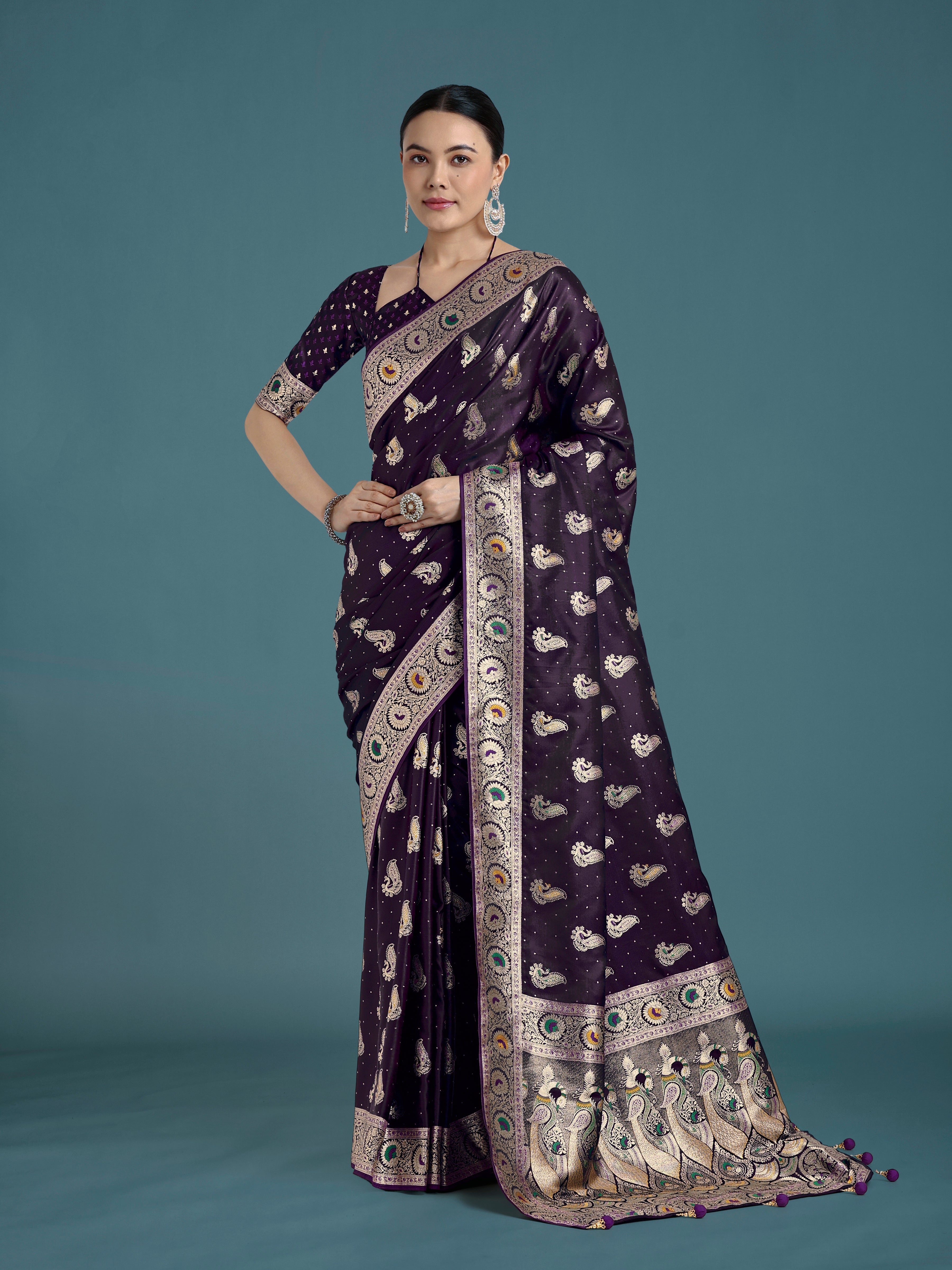 Purple Color Festival Wear Banarasi Satin Silk Designer Zari Weaving Saree