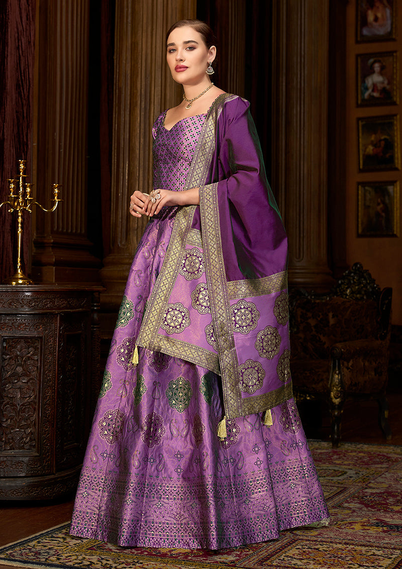 Lavender Color Kanjiwaram Silk Jacquard Designer Lehenga Choli