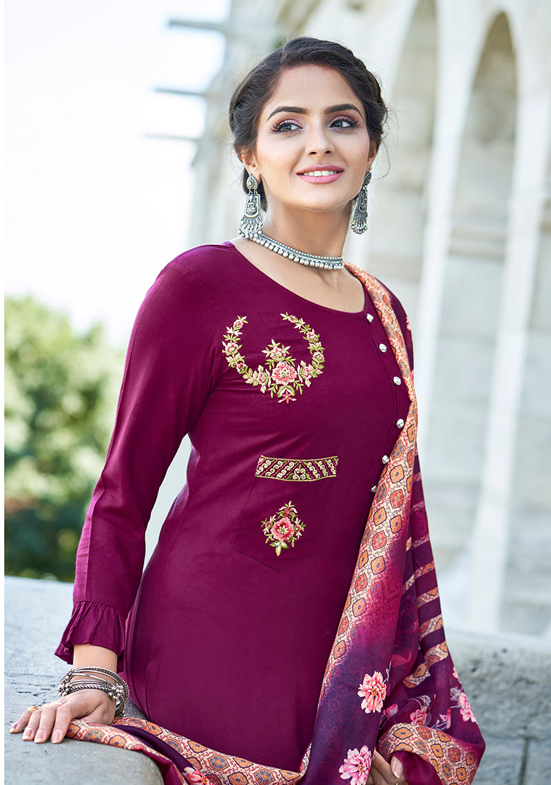 Purple Rayon Embroidered Designer Salwar Suit