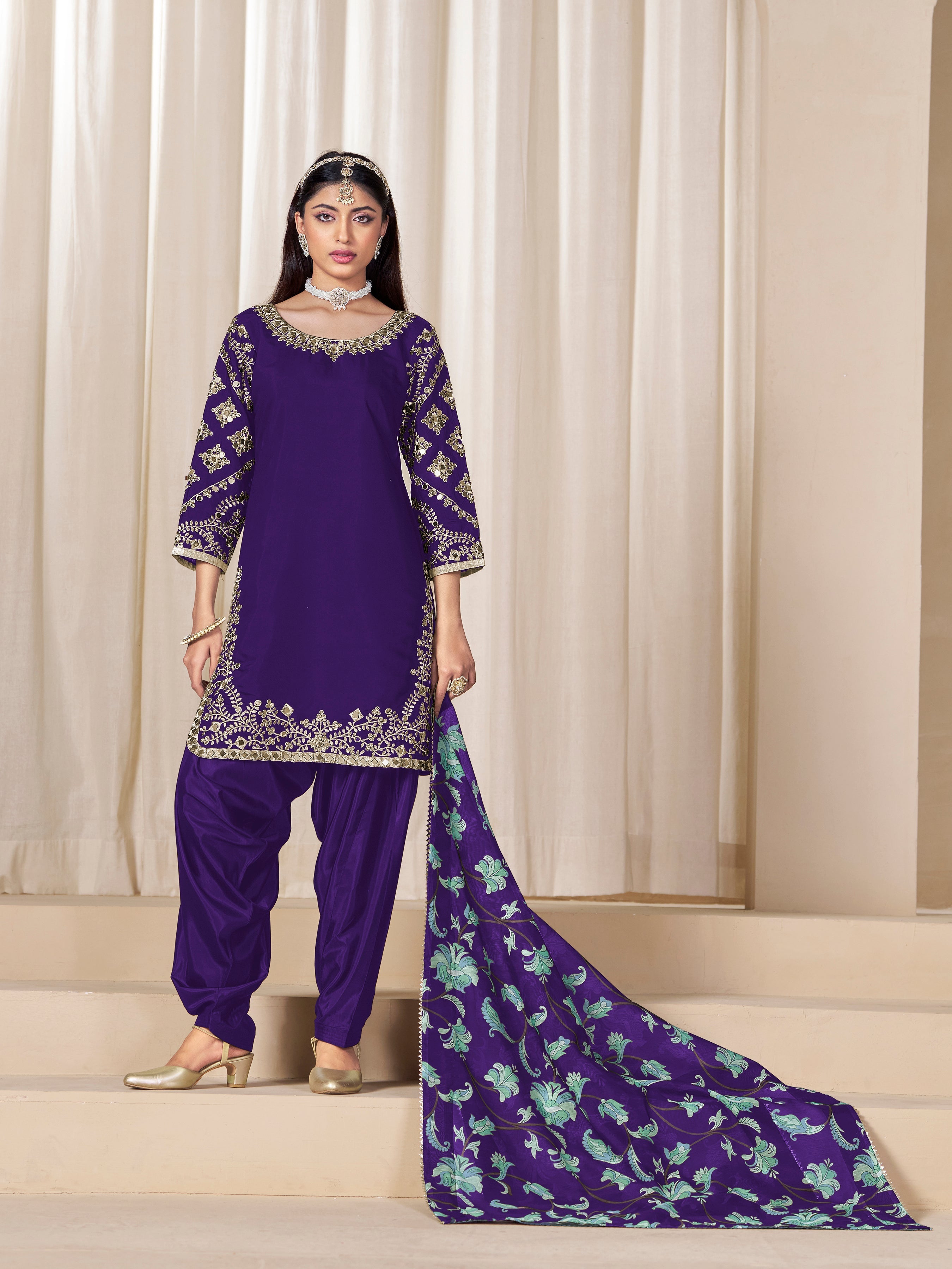 Purple Embroidered Chanderi Silk Designer Patiala Salwar Suit