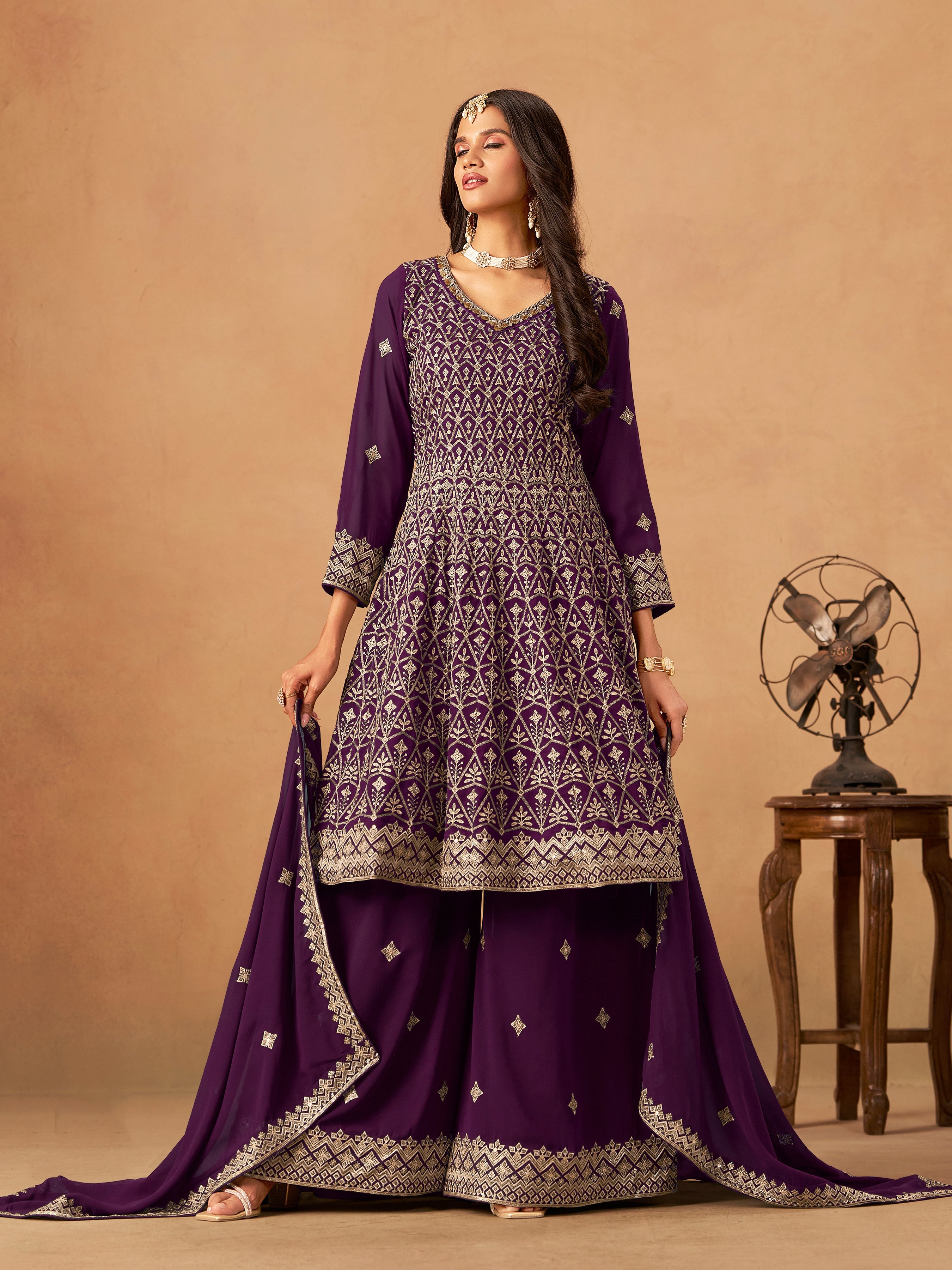 Purple Embroidered Faux Georgette Trendy Palazzo Salwar Kameez