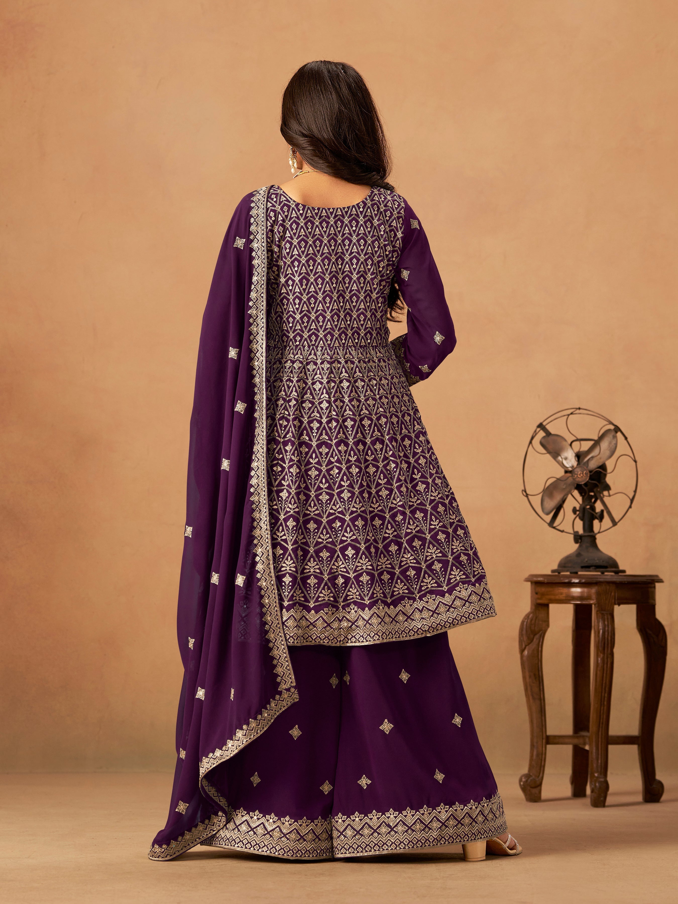 Purple Embroidered Faux Georgette Trendy Palazzo Salwar Kameez