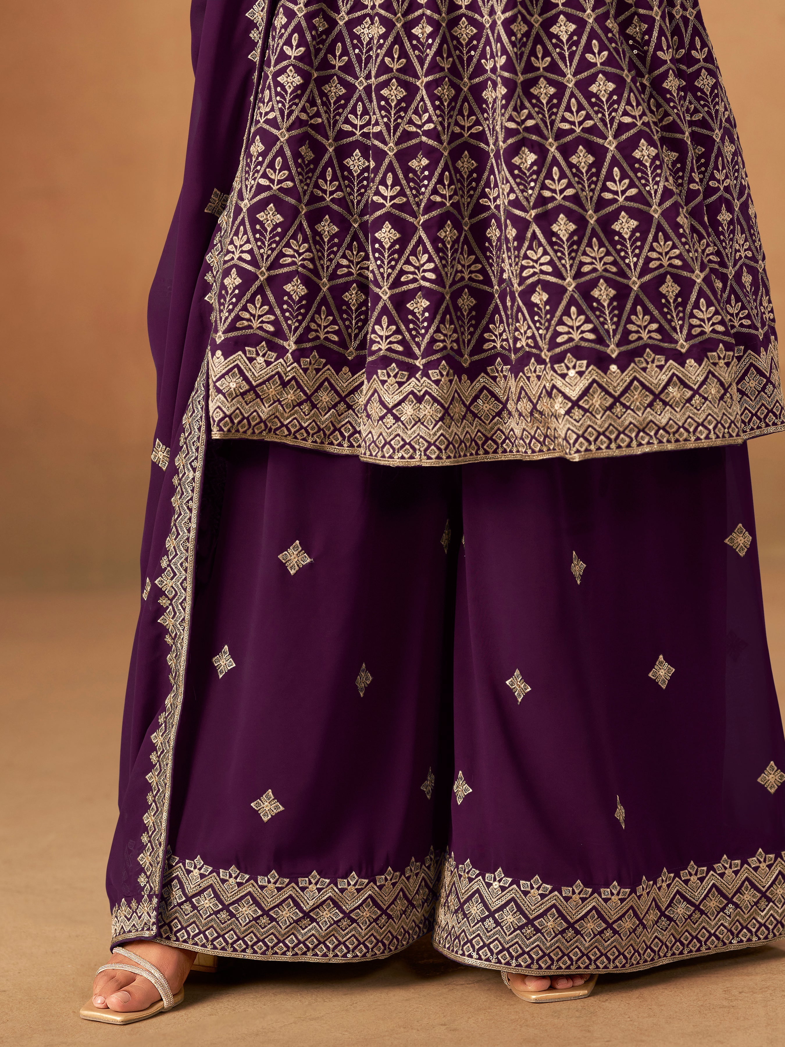 Purple Embroidered Faux Georgette Trendy Palazzo Salwar Kameez