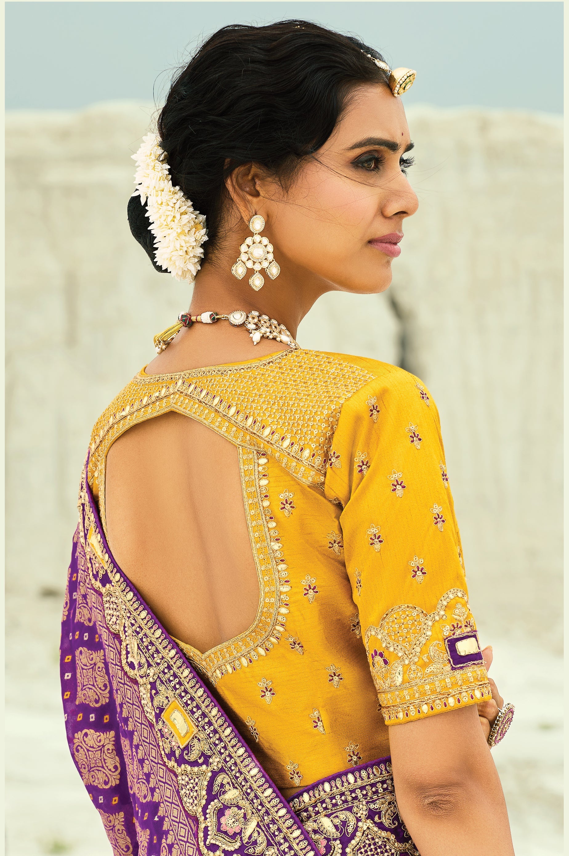 Purple Embroidered Georgette Bandhej Designer Saree