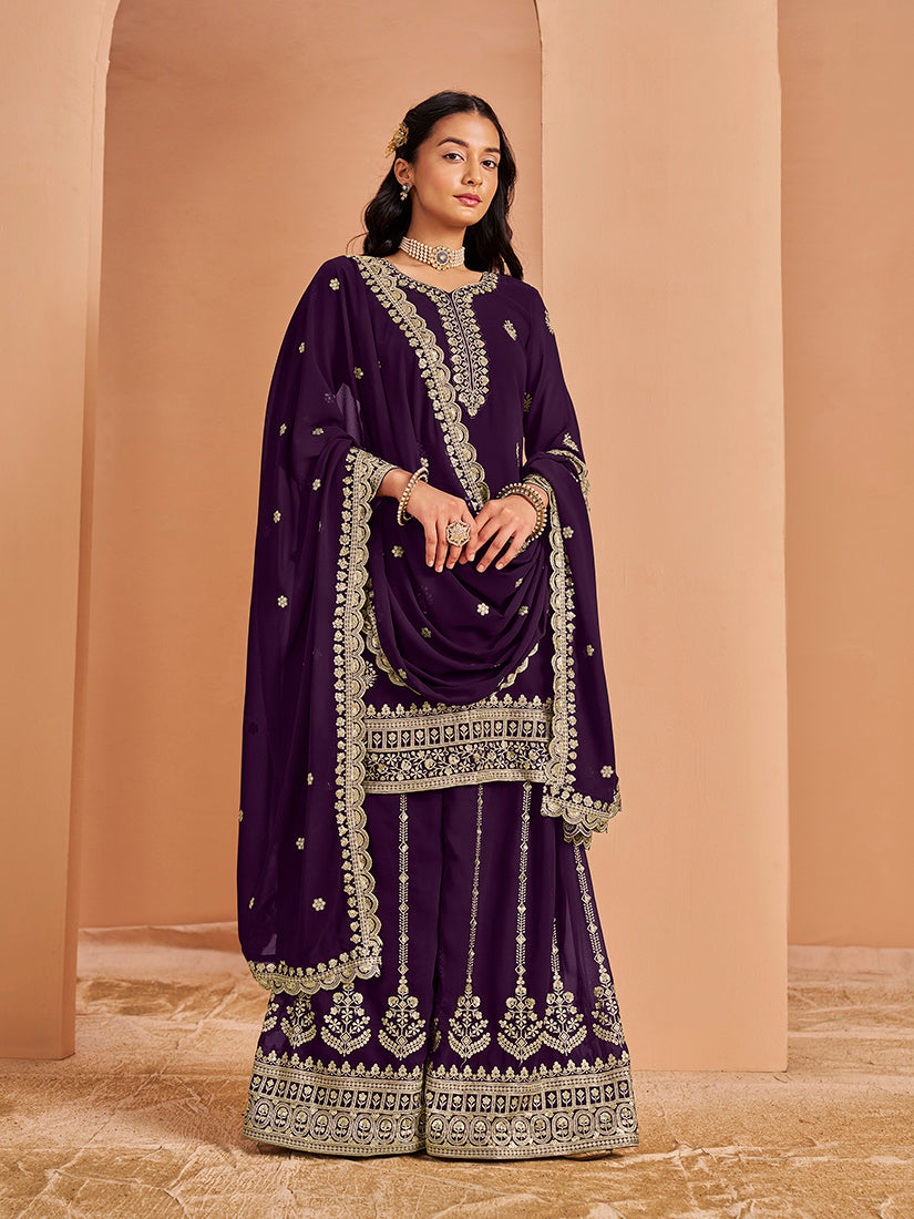 Purple Faux Georgette Embroidered Palazzo Dupatta Set