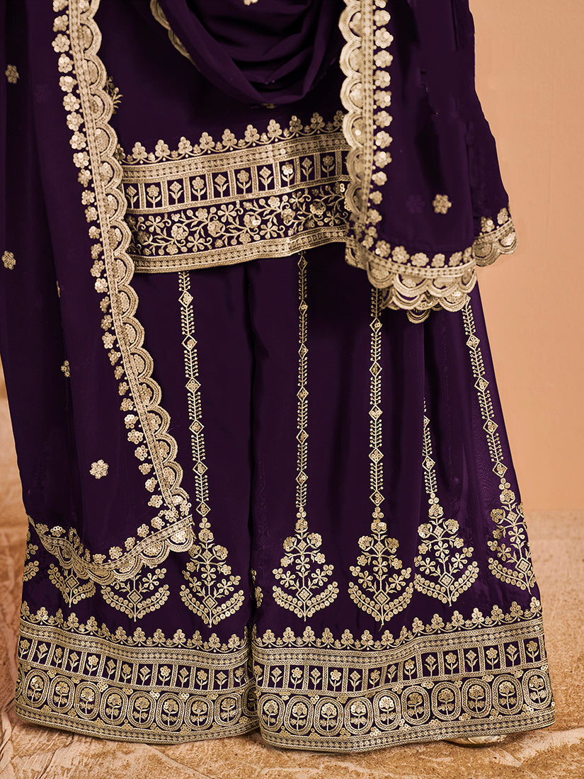 Purple Faux Georgette Embroidered Palazzo Dupatta Set