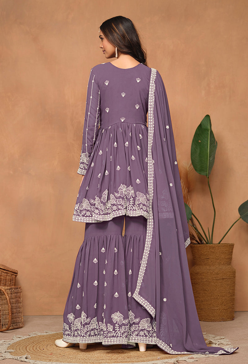Purple Faux Georgette Embroidered Trendy Salwar Kameez