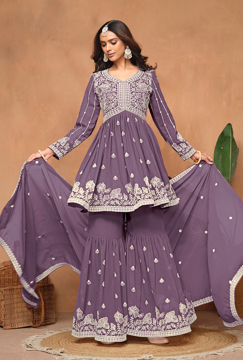 Purple Faux Georgette Embroidered Trendy Salwar Kameez