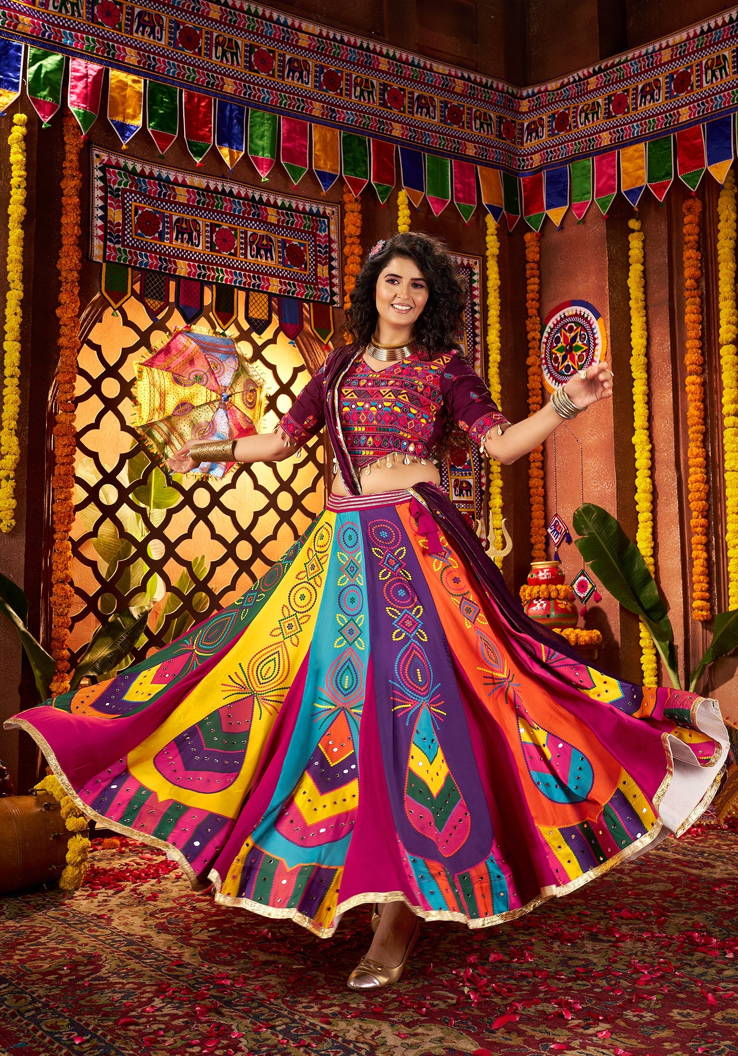 Purple Gajji silk Thread Mirror Work Navratri Lehenga Choli