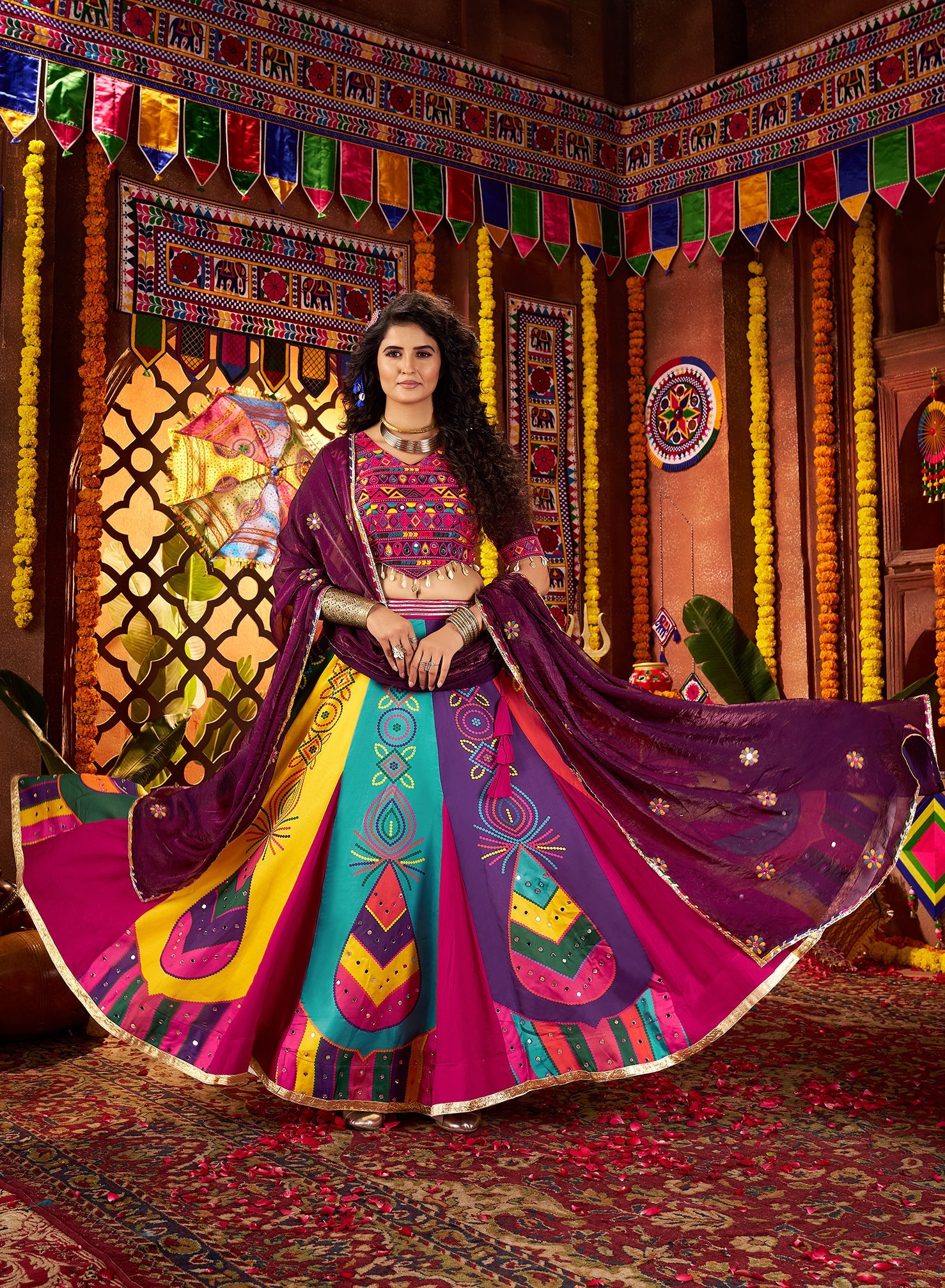 Purple Gajji silk Thread Mirror Work Navratri Lehenga Choli