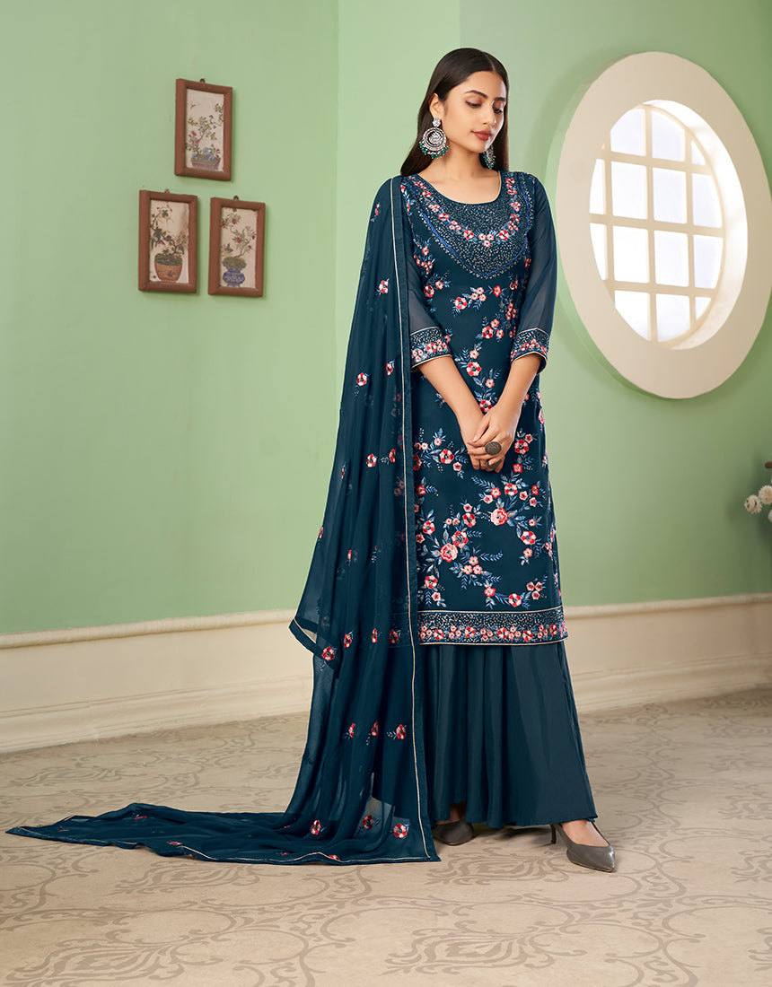 Dark Teal Georgette Embroidered Plazzo Salwar Kameez