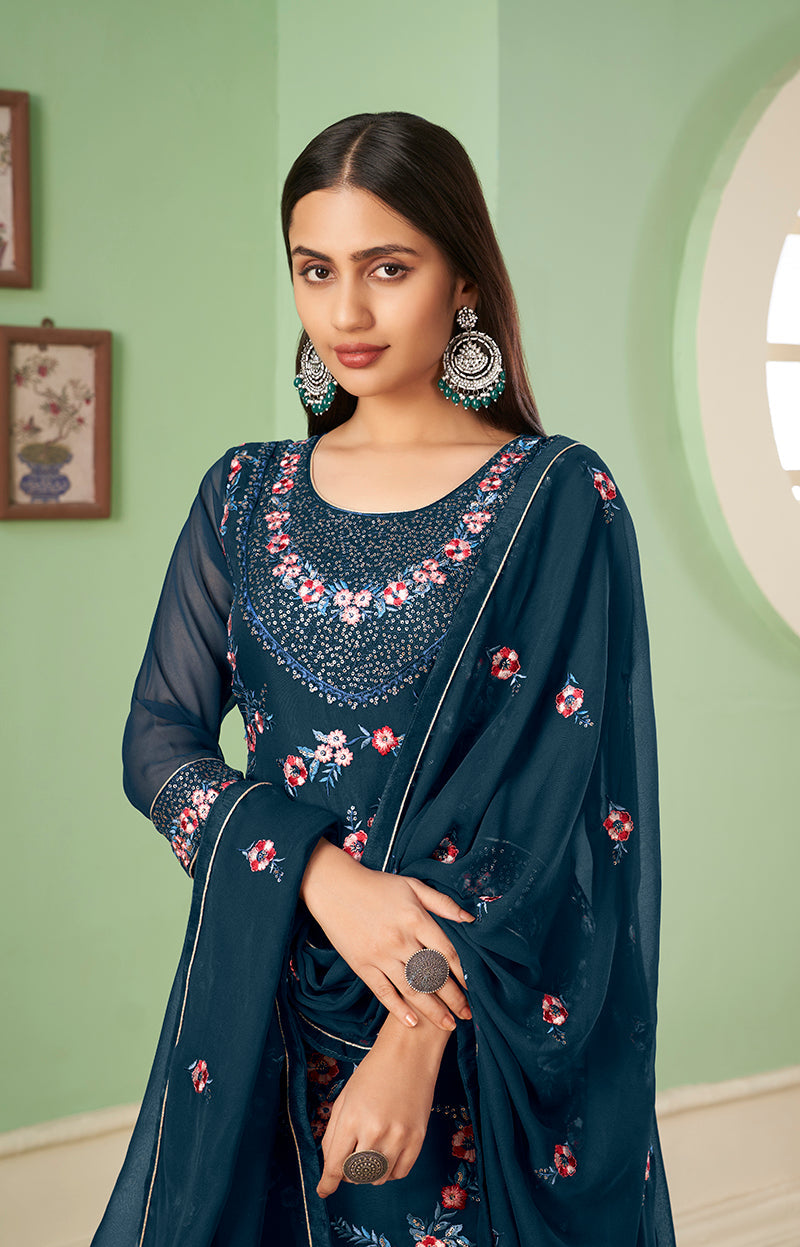 Dark Teal Georgette Embroidered Plazzo Salwar Kameez