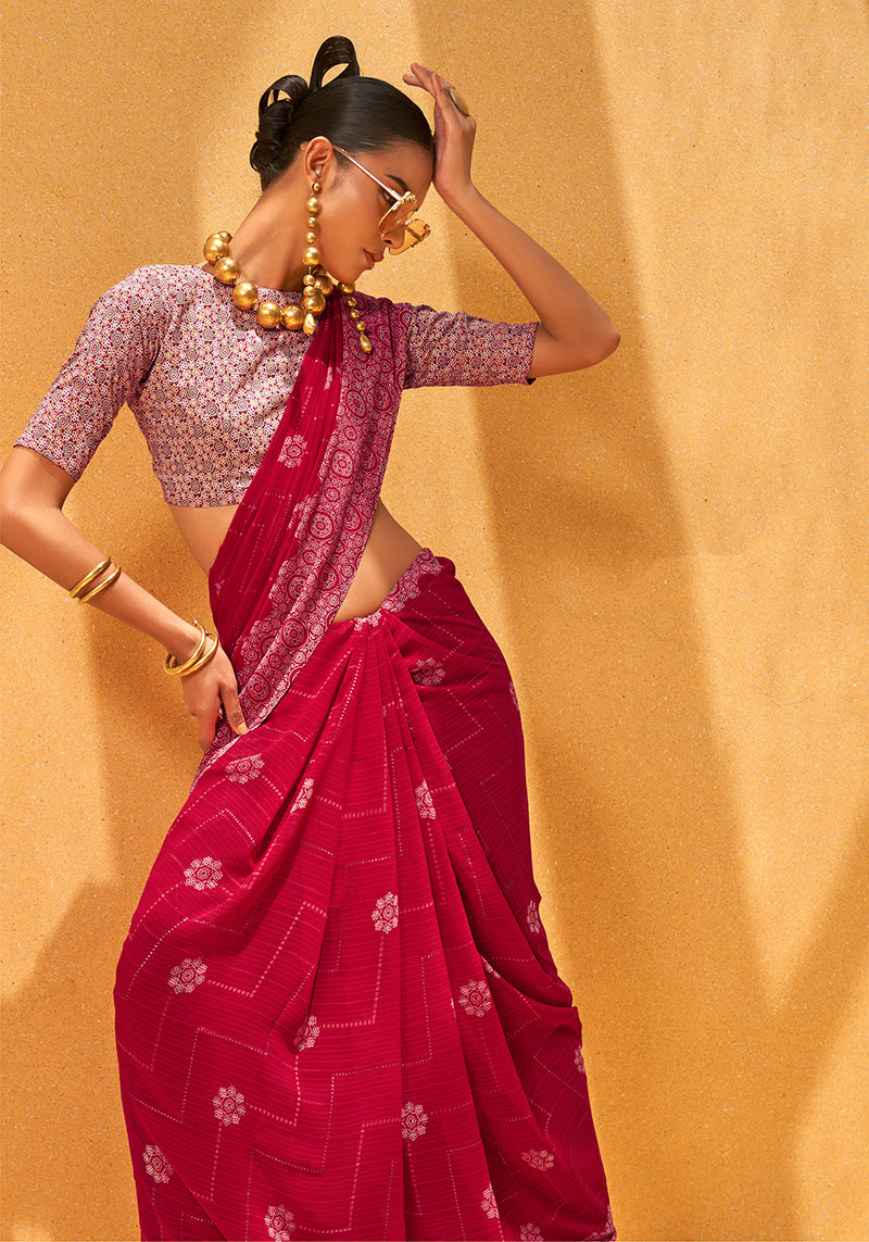 Rani Pink Georgette Foil Print Saree