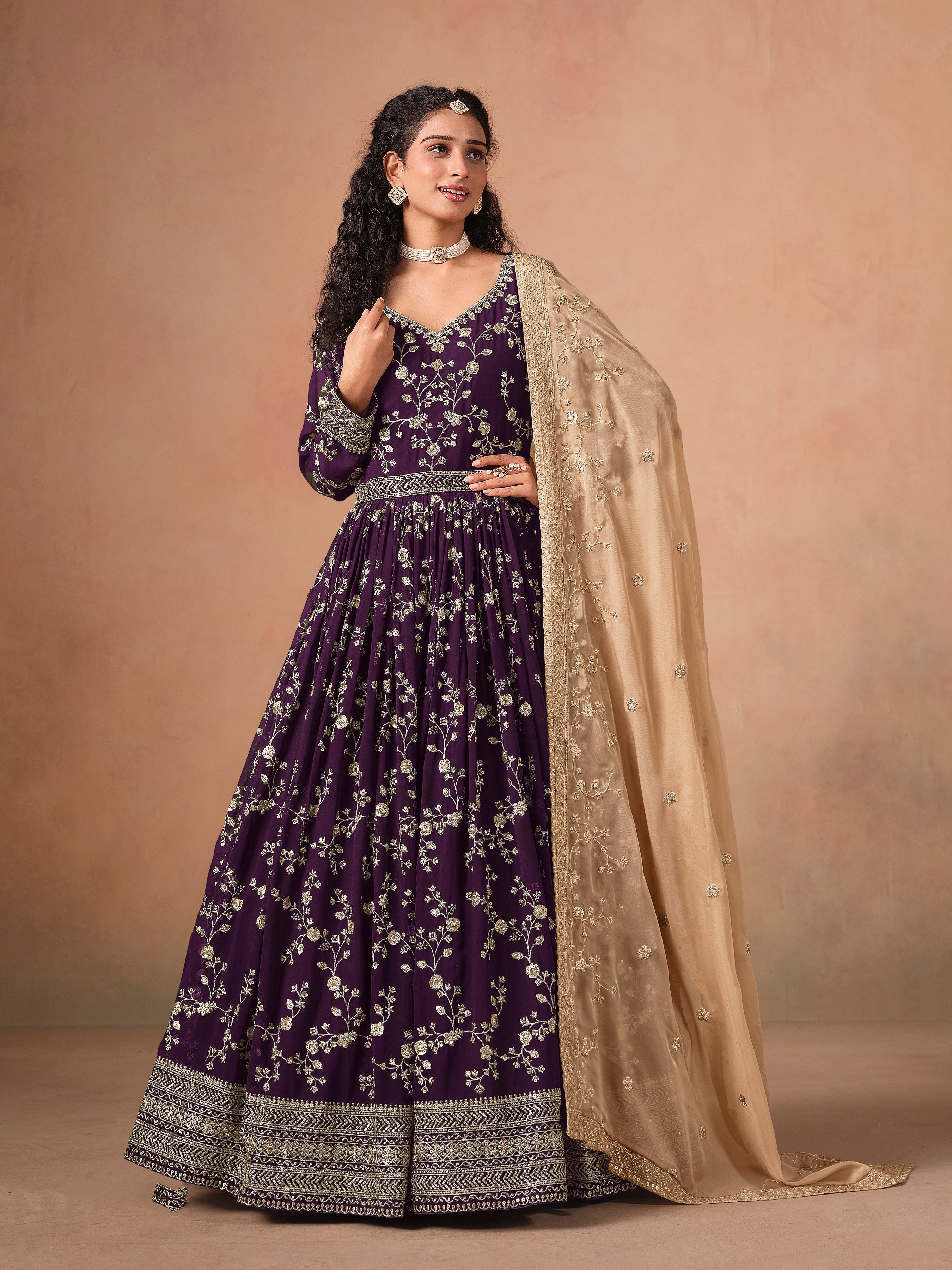 Purple Georgette Heavy Embroidered work Anarkali Suit