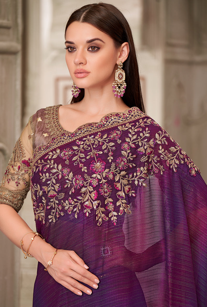 Purple Georgette Satin Embroidered and Stone Work Saree