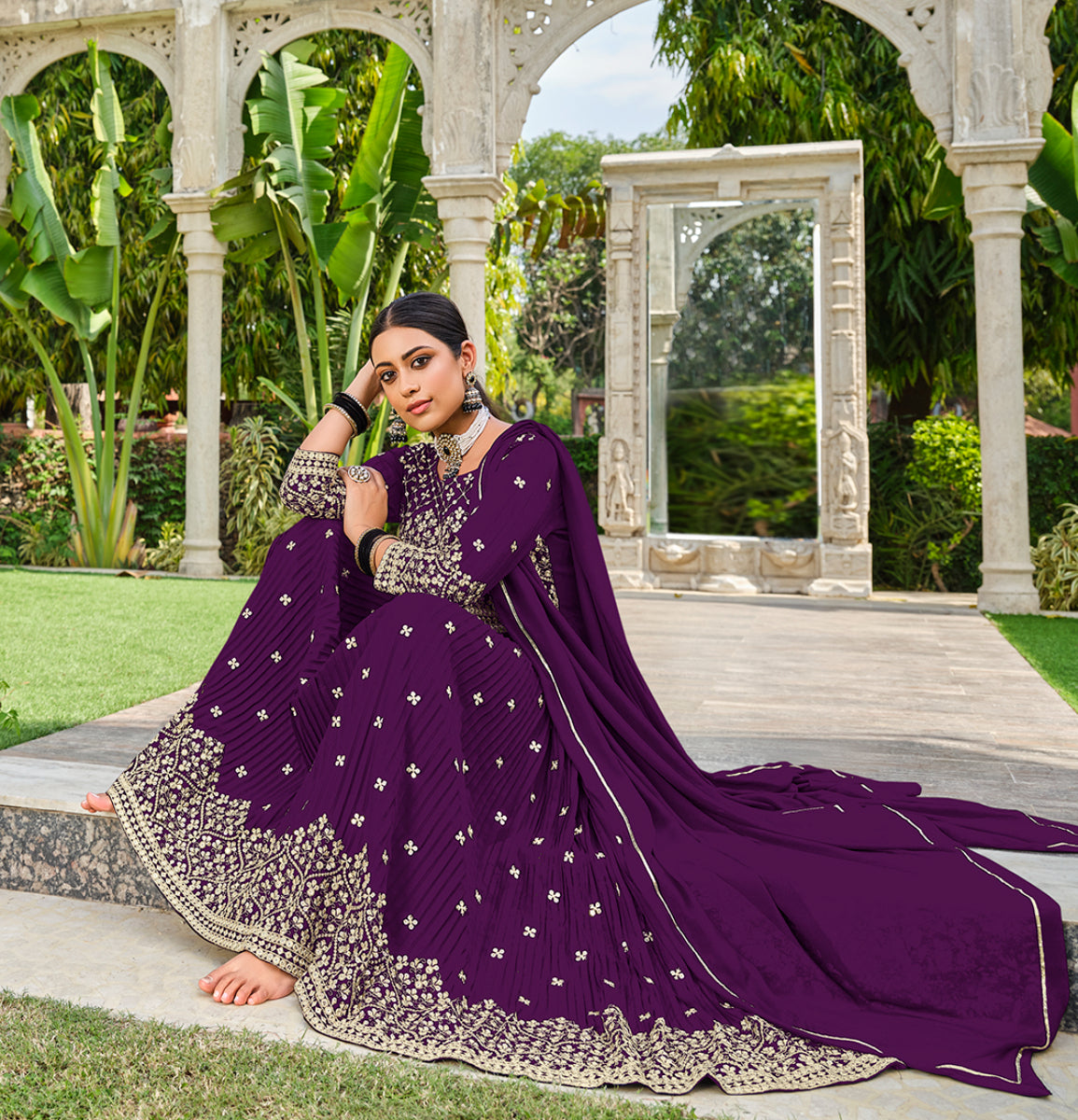Purple Georgette Sequins Work Palazzo Salwar Suit