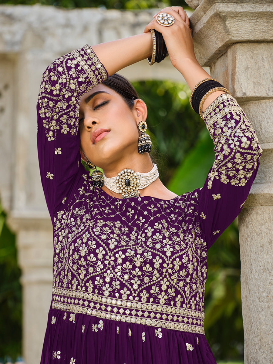 Purple Georgette Sequins Work Palazzo Salwar Suit