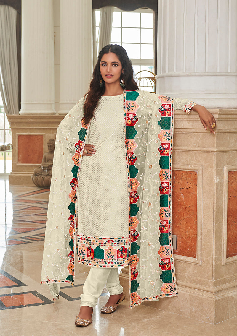 Cream Embroidered Georgette Churidar Salwar Suit