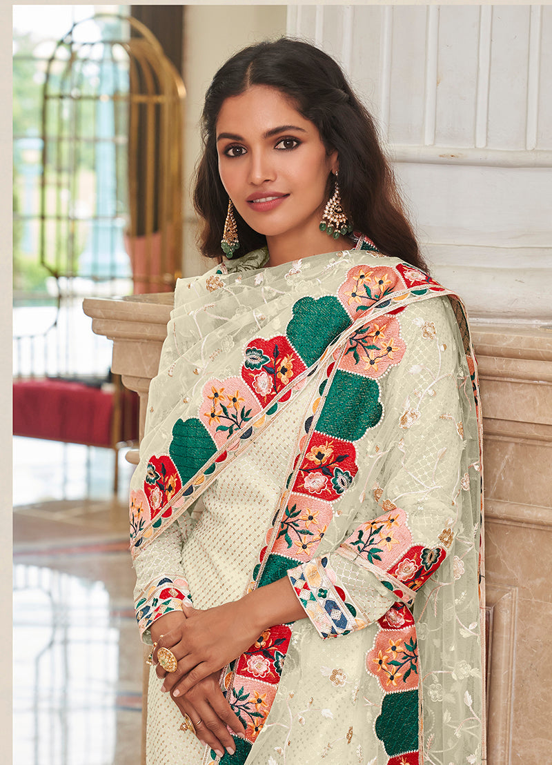 Cream Embroidered Georgette Churidar Salwar Suit
