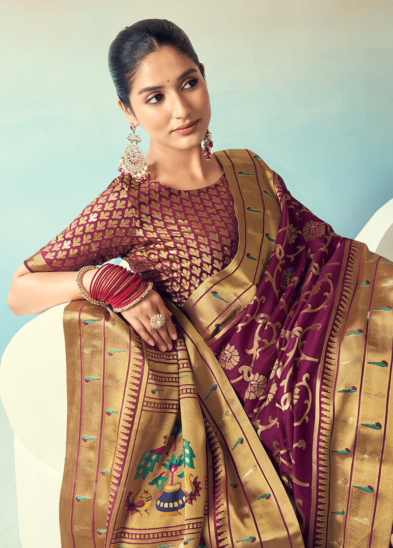 Purple Georgette Weaving Zari Work Saree