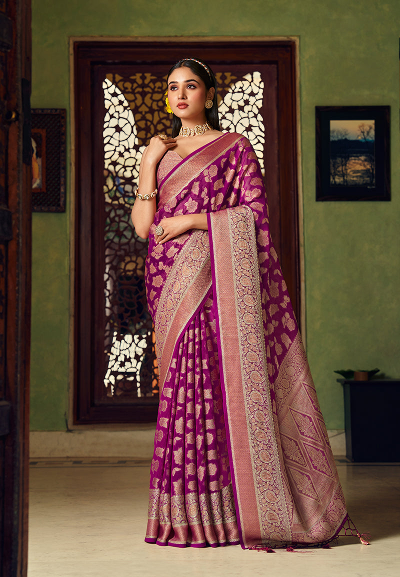 Purple Georgette With Weaving Butta Border Pallu Classic Saree