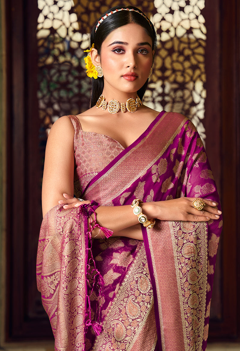 Purple Georgette With Weaving Butta Border Pallu Classic Saree