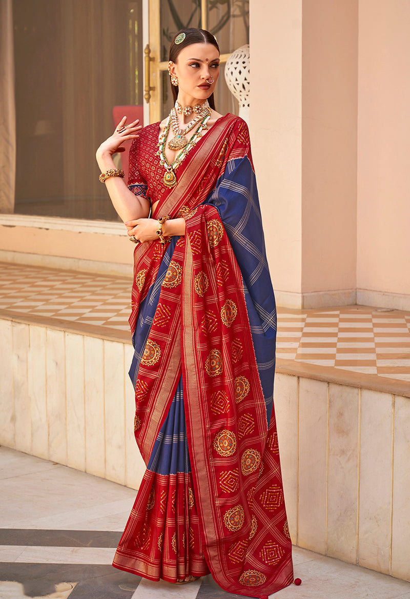 Navy Blue & Maroon Silk Foil Print Patola Saree