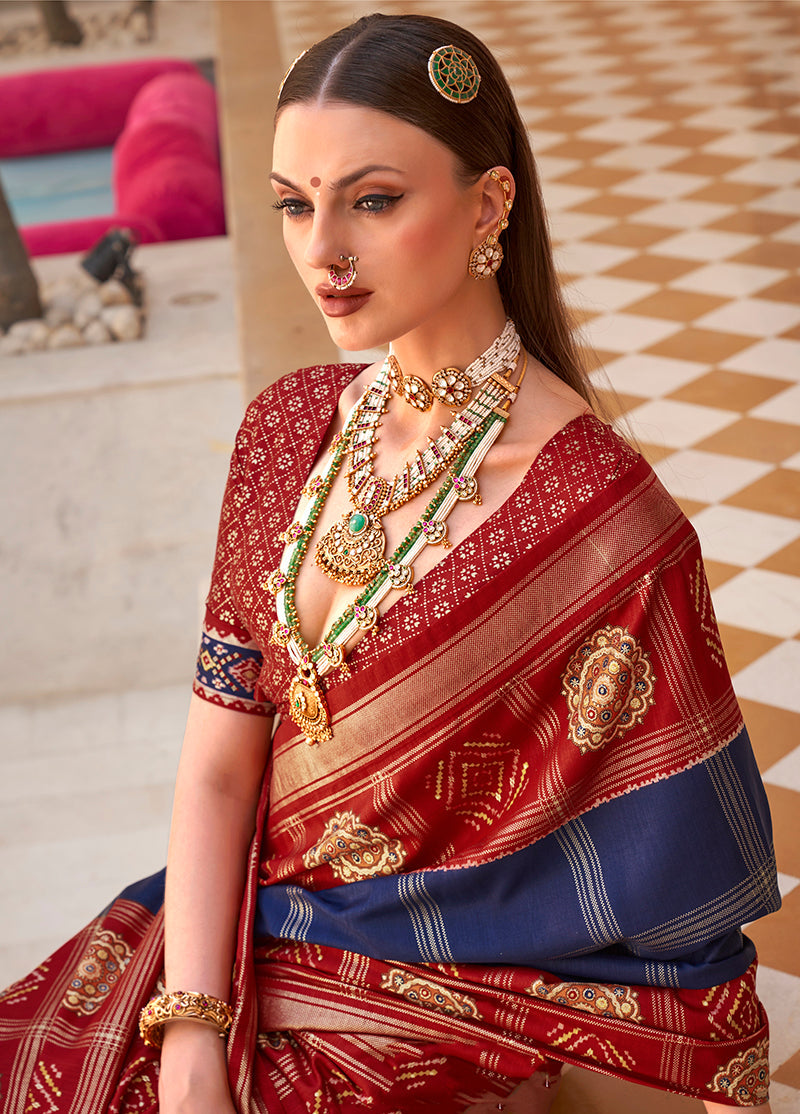 Navy Blue & Maroon Silk Foil Print Patola Saree