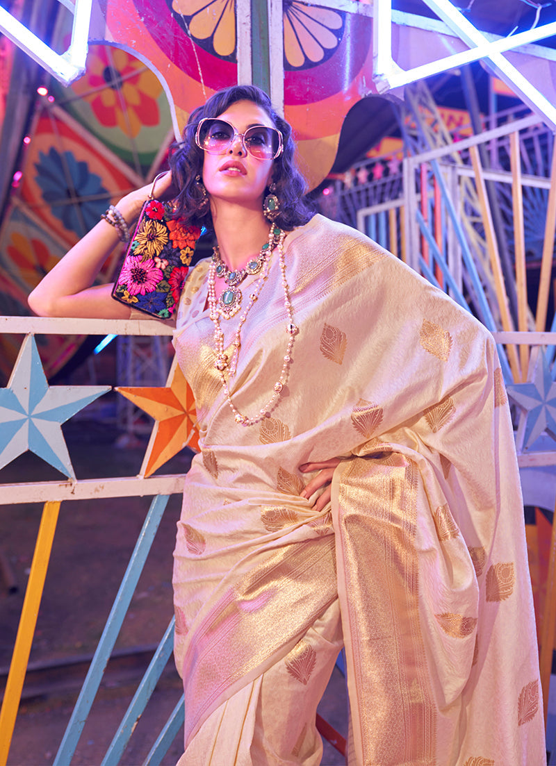 Beige Handloom Silk Zari Weaving Classic Saree