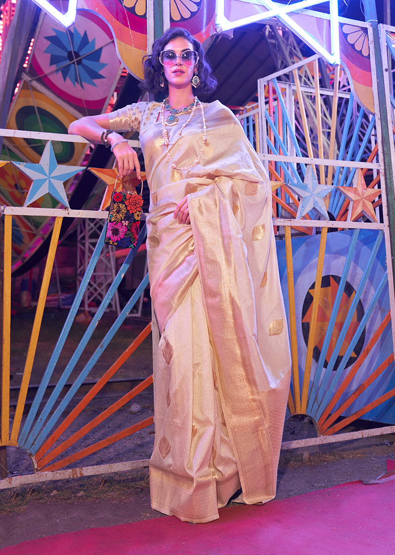 Beige Handloom Silk Zari Weaving Classic Saree