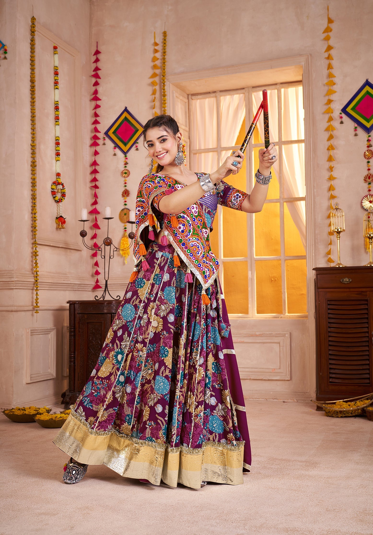 Purple Kutchi Mirror Work Navratri Lehenga Choli