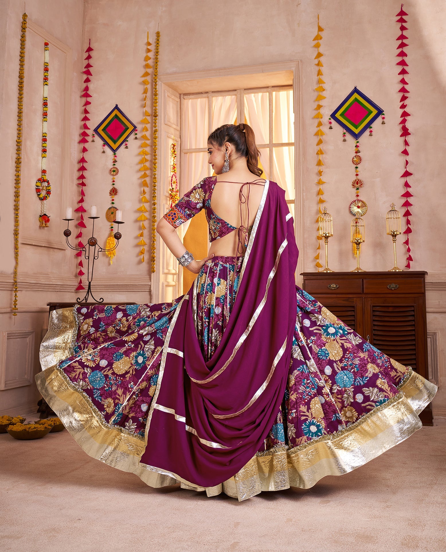 Purple Kutchi Mirror Work Navratri Lehenga Choli