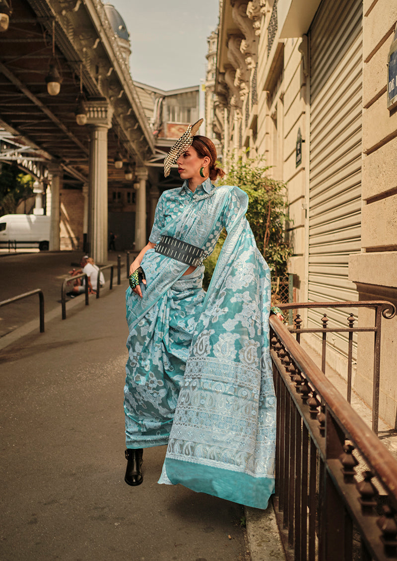 Sky Blue Lucknowi Organza Woven Silk Contemporary Saree