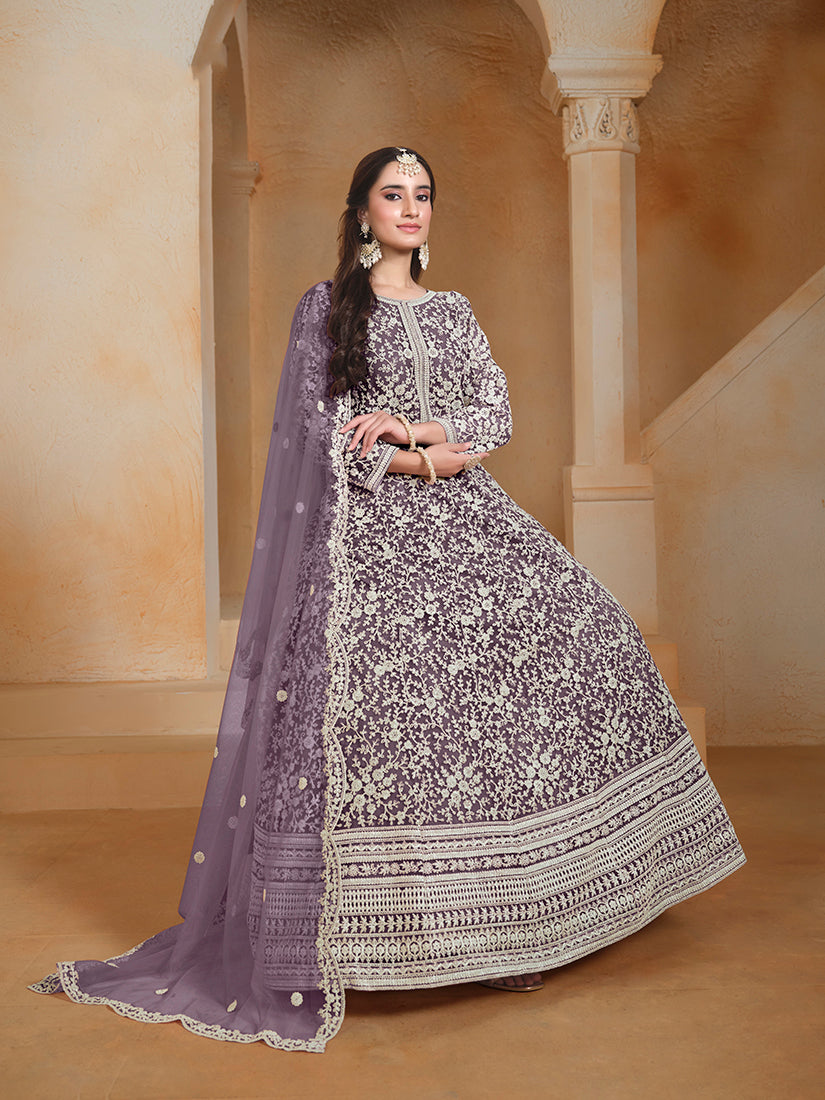 Purple Net Embroidered Trendy Wedding Season Anarkali Suit