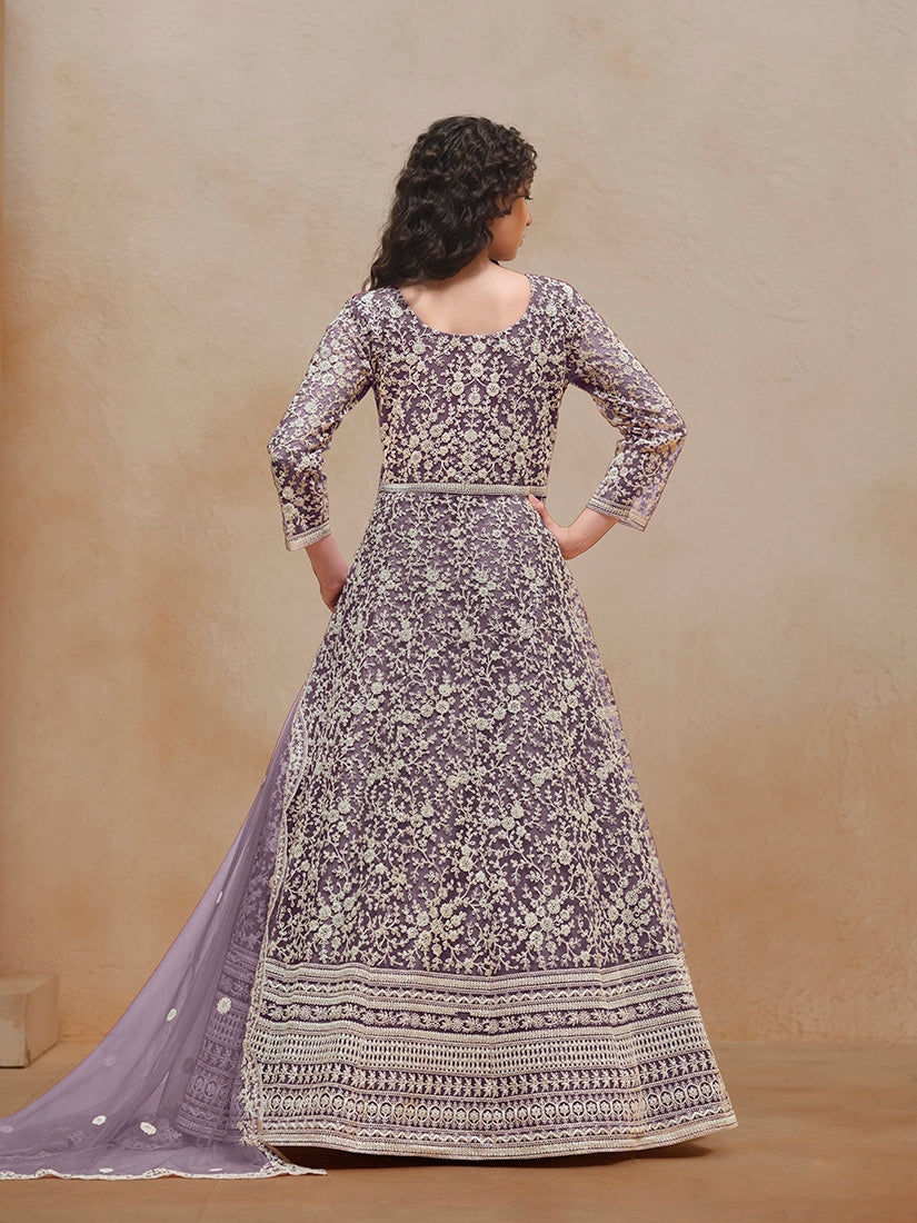 Purple Net Embroidered Trendy Wedding Season Anarkali Suit