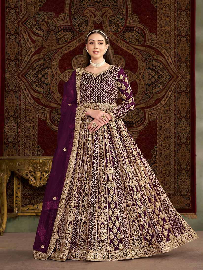 Purple Net Heavy Sequence Work Floor Length Anarkali Suit
