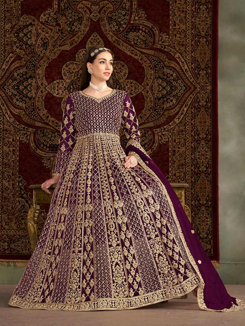 Purple Net Heavy Sequence Work Floor Length Anarkali Suit