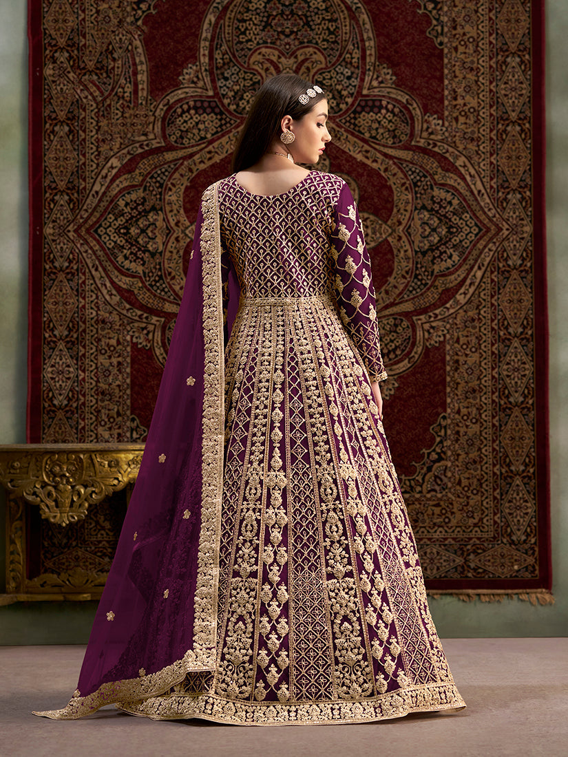 Purple Net Heavy Sequence Work Floor Length Anarkali Suit