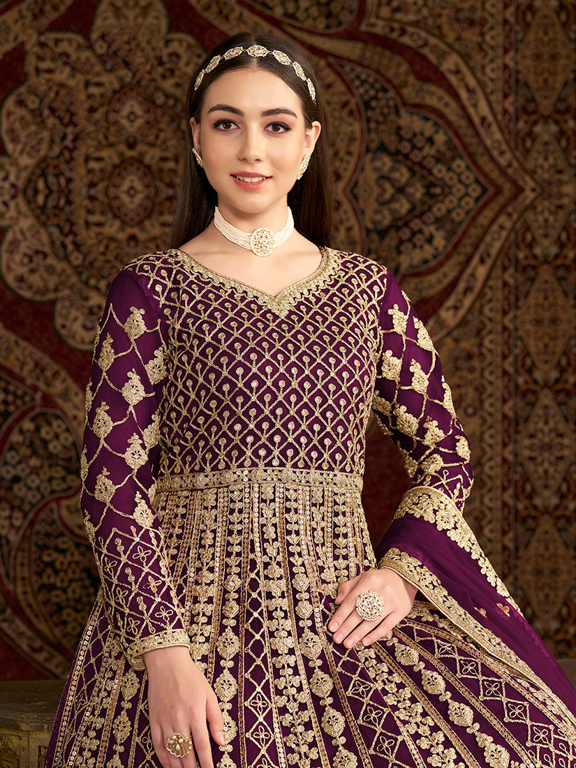 Purple Net Heavy Sequence Work Floor Length Anarkali Suit