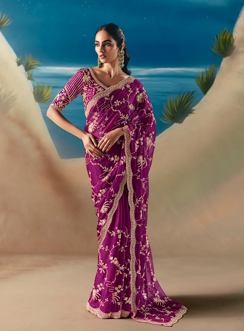 Purple Premium Fancy Fabric With Designer Embroidery Sequence Work Saree