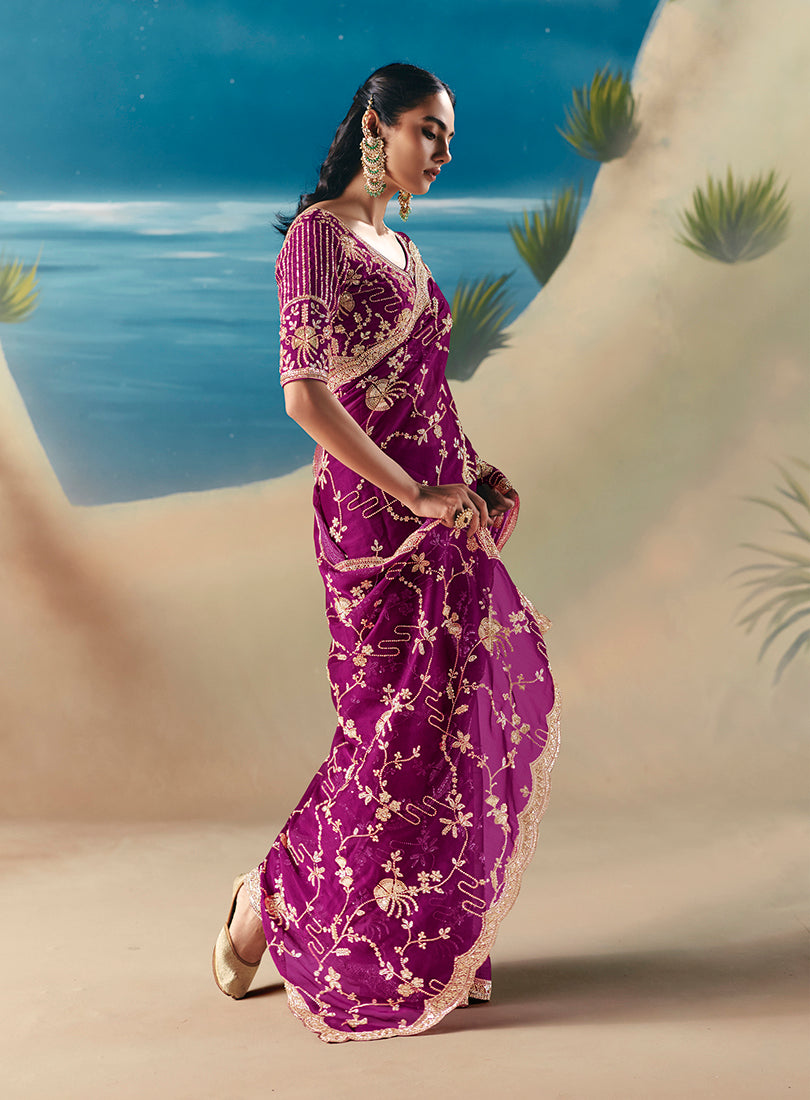 Purple Premium Fancy Fabric With Designer Embroidery Sequence Work Saree