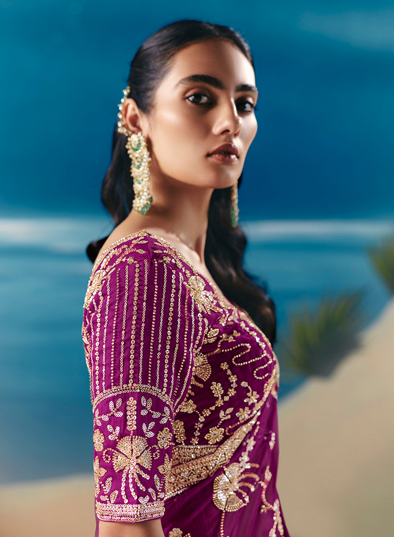 Purple Premium Fancy Fabric With Designer Embroidery Sequence Work Saree