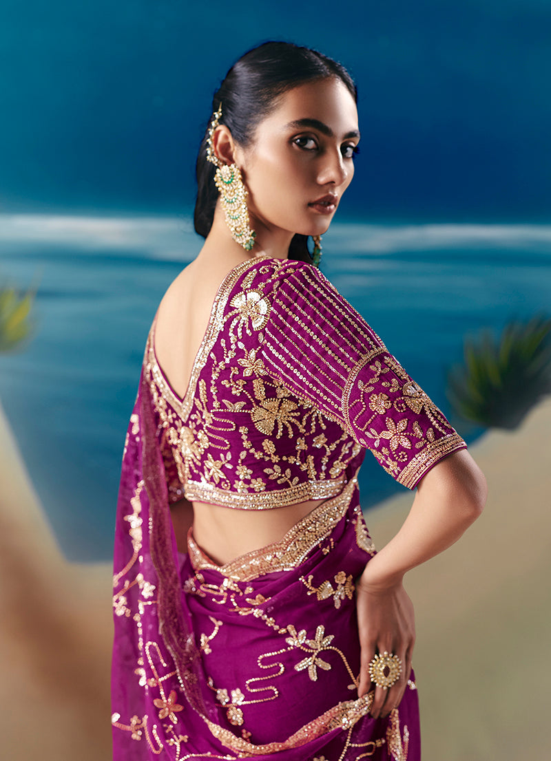 Purple Premium Fancy Fabric With Designer Embroidery Sequence Work Saree