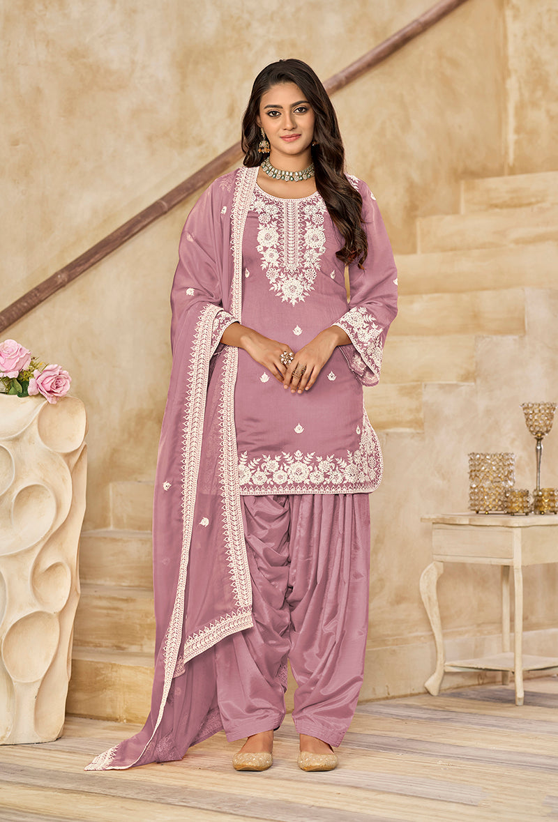 Embroidered Roman Silk Patiala Salwar Kameez in Onion Pink
