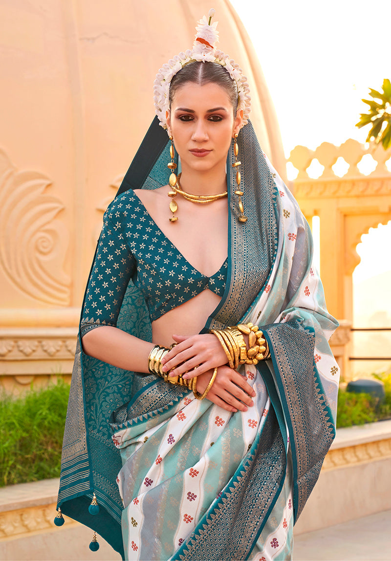 Teal Silk Foil Print Saree