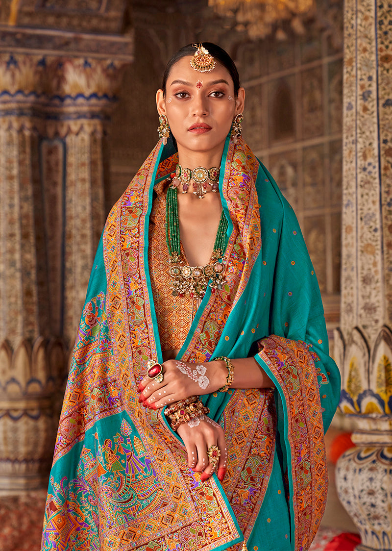 Turquoise Silk Printed Saree